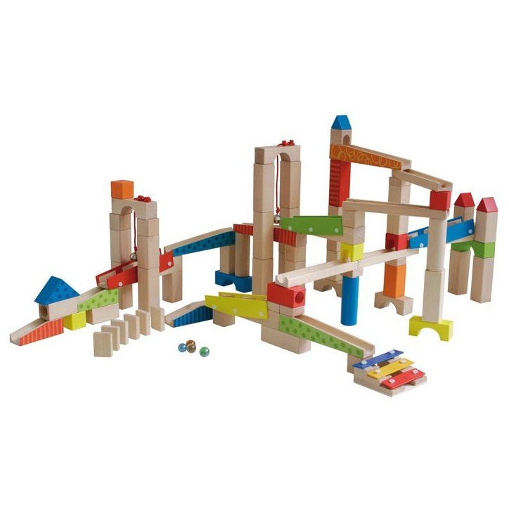 Circuit a billes en bois - ROBA - 20 billes en verre - 80 briques de construction - Naturel / Rouge / Bleu / Vert Circuit a billes en bois - ROBA - 20 billes en verre - 80 briques de construction - Naturel / Rouge / Bleu / Vert