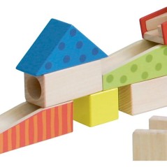 Circuit a billes en bois - ROBA - 20 billes en verre - 80 briques de c