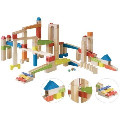 Circuit a billes en bois - ROBA - 20 billes en verre - 80 briques de c