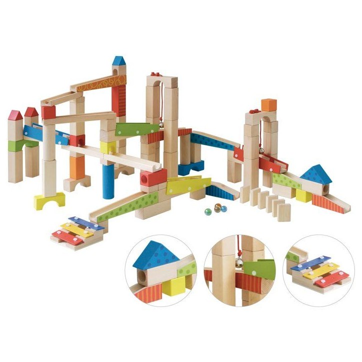 Circuit a billes en bois - ROBA - 20 billes en verre - 80 briques de construction - Naturel / Rouge / Bleu / Vert Circuit a billes en bois - ROBA - 20 billes en verre - 80 briques de construction - Naturel / Rouge / Bleu / Vert