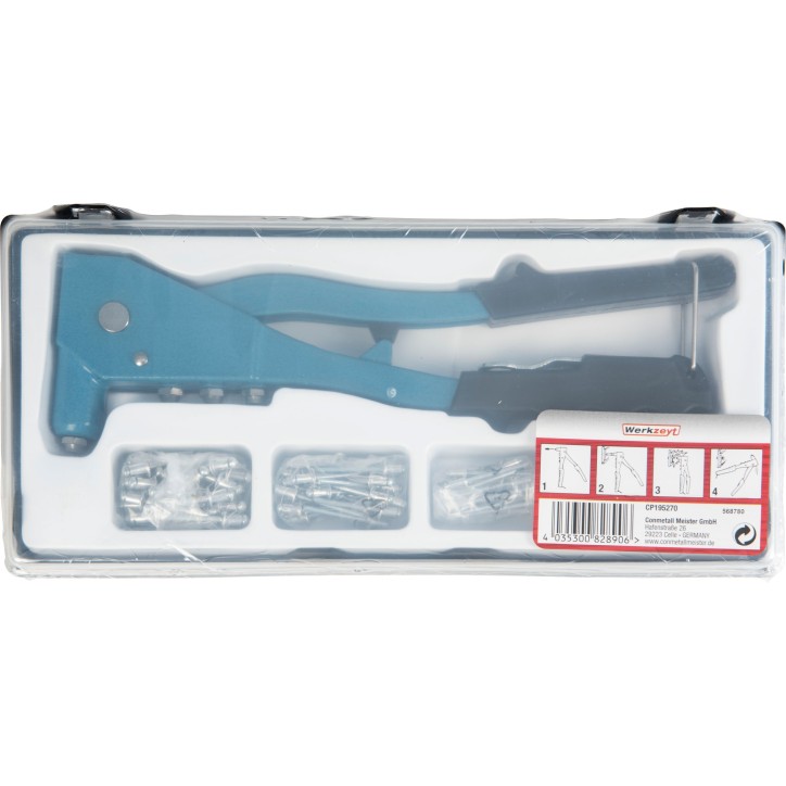 Jeu de pince a riveter - MEISTER - CP195270 - Inclus 100 rivets en aluminium - Boîte plastique avec couvercle transparent Jeu de pince a riveter - MEISTER - CP195270 - Inclus 100 rivets en aluminium - Boîte plastique avec couvercle transparent