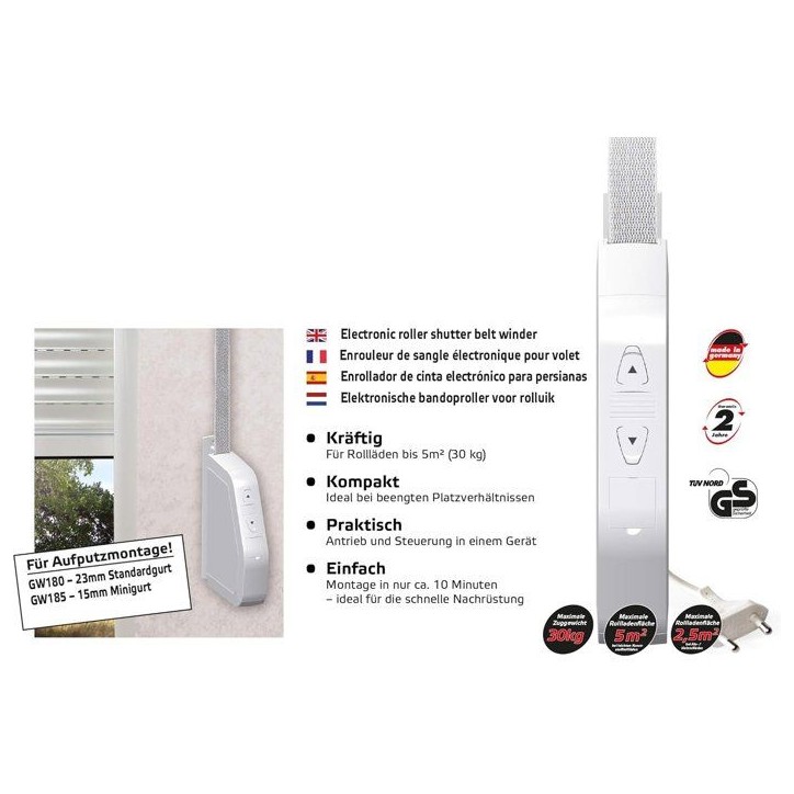 Enrouleur de sangle pour volet roulant - SUPERROLLO - GW185 - Electrique - 14/15 mm - Câble 1,5 m - Blanc Enrouleur de sangle pour volet roulant - SUPERROLLO - GW185 - Electrique - 14/15 mm - Câble 1,5 m - Blanc