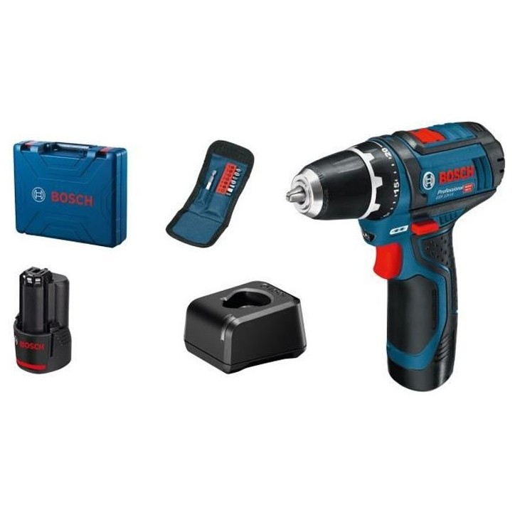 Perceuse-visseuse Bosch Professional GSR 12V-15 + 10 accessoires + 2 batteries 2,0Ah + Chargeur GAL 12V-20 - 060186810G Perceuse-visseuse Bosch Professional GSR 12V-15 + 10 accessoires + 2 batteries 2,0Ah + Chargeur GAL 12V-20 - 060186810G