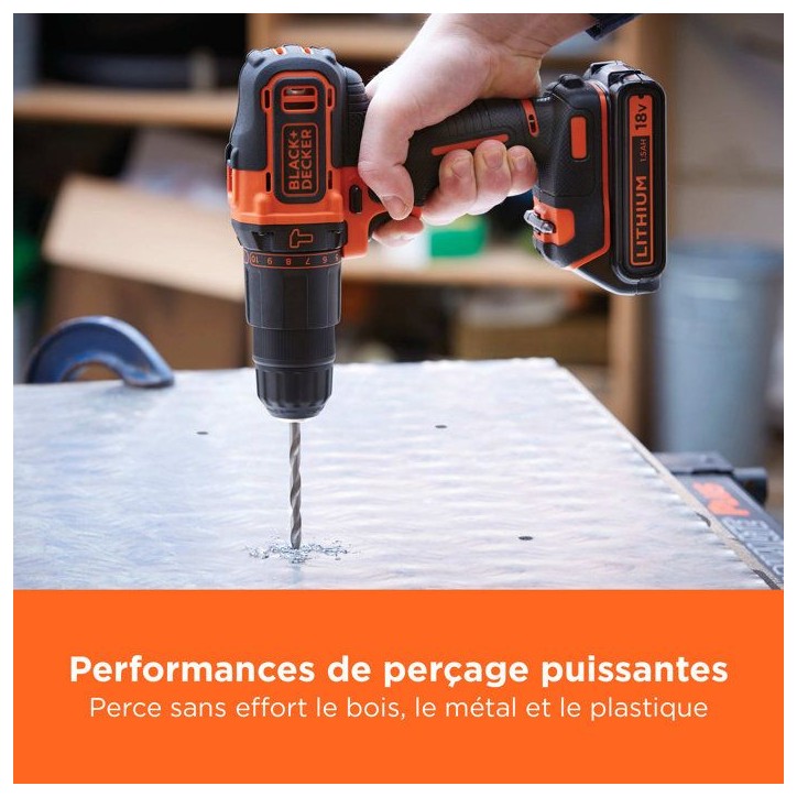 Perceuse-visseuse a percussion sans fil BlackDecker BDCHD18K - 18V Li-ion 1,5 Ah - Chargeur et coffre inclus Perceuse-visseuse a percussion sans fil BlackDecker BDCHD18K - 18V Li-ion 1,5 Ah - Chargeur et coffre inclus