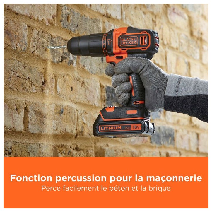 Perceuse-visseuse a percussion sans fil BlackDecker BDCHD18K - 18V Li-ion 1,5 Ah - Chargeur et coffre inclus Perceuse-visseuse a percussion sans fil BlackDecker BDCHD18K - 18V Li-ion 1,5 Ah - Chargeur et coffre inclus