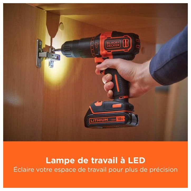 Perceuse-visseuse a percussion sans fil BlackDecker BDCHD18K - 18V Li-ion 1,5 Ah - Chargeur et coffre inclus Perceuse-visseuse a percussion sans fil BlackDecker BDCHD18K - 18V Li-ion 1,5 Ah - Chargeur et coffre inclus