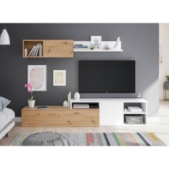 Ensemble meuble TV réversible JULIA - Mélaminé blanc et chene - 2 P