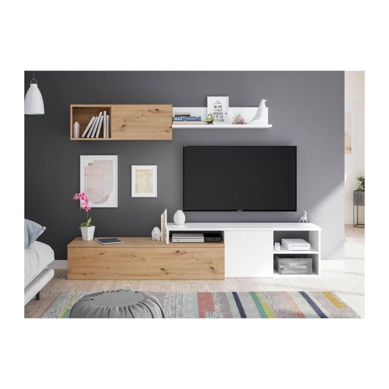 Ensemble meuble TV réversible JULIA - Mélaminé blanc et chene - 2 P