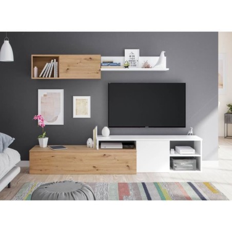 Ensemble meuble TV réversible JULIA - Mélaminé blanc et chene - 2 P