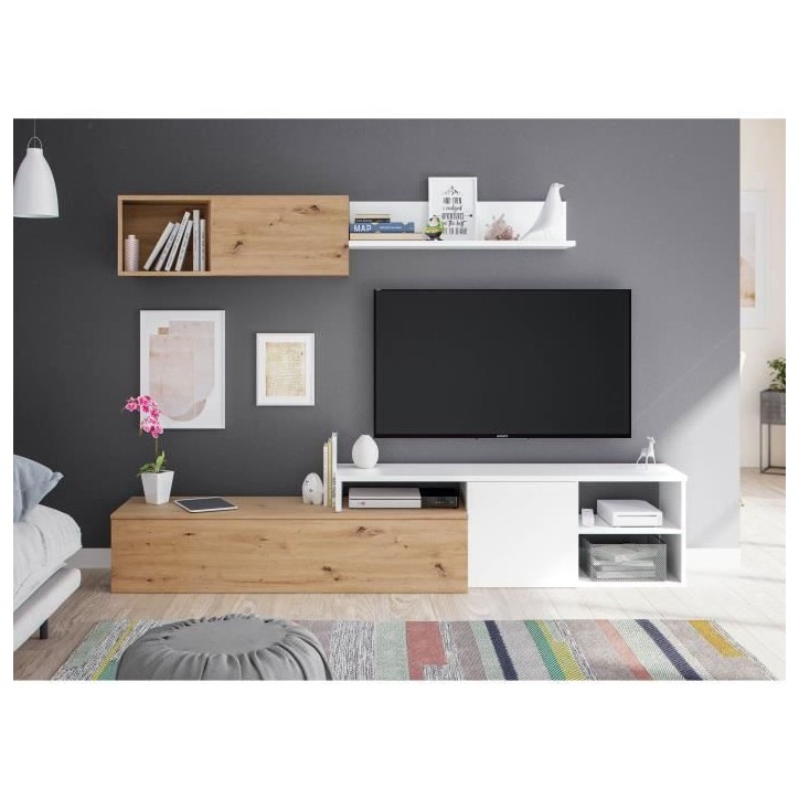 Ensemble meuble TV réversible JULIA - Mélaminé blanc et chene - 2 Portes battantes - L220 x P40 x H 44 cm