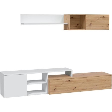 Ensemble meuble TV réversible JULIA - Mélaminé blanc et chene - 2 Portes battantes - L220 x P40 x H 44 cm