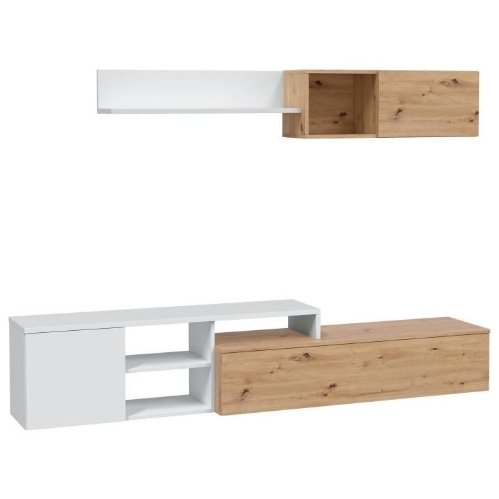 Ensemble meuble TV réversible JULIA - Mélaminé blanc et chene - 2 Portes battantes - L220 x P40 x H 44 cm