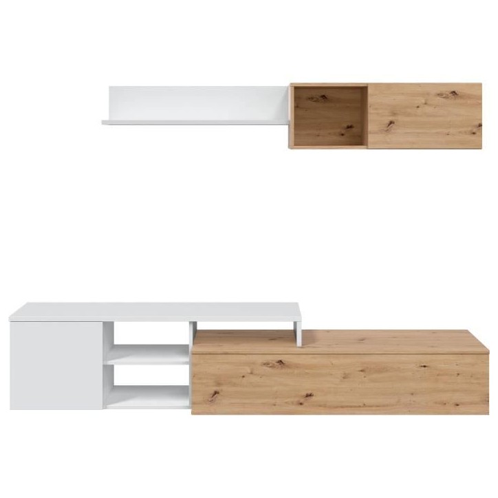 Ensemble meuble TV réversible JULIA - Mélaminé blanc et chene - 2 Portes battantes - L220 x P40 x H 44 cm