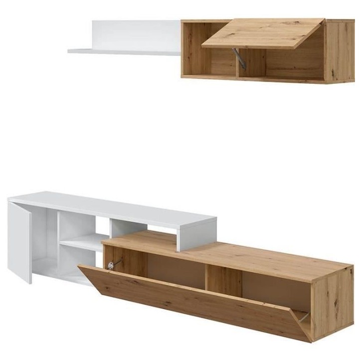 Ensemble meuble TV réversible JULIA - Mélaminé blanc et chene - 2 Portes battantes - L220 x P40 x H 44 cm