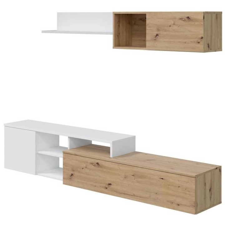 Ensemble meuble TV réversible JULIA - Mélaminé blanc et chene - 2 Portes battantes - L220 x P40 x H 44 cm