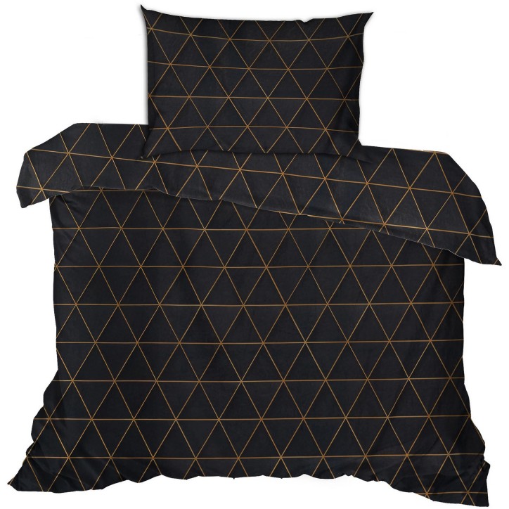 Parure de lit - 1 housse de couette 140 x 200cm + 1 taies d'oreiller 60 x 60 cm - 100% coton renforcé - Imprimé graphique Noir Parure de lit - 1 housse de couette 140 x 200cm + 1 taies d'oreiller 60 x 60 cm - 100% coton renforcé - Imprimé graphique Noir