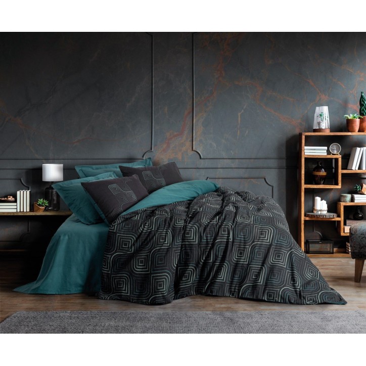Parure de lit - 1 housse de couette 140 x 200cm + 1 taies d'oreiller 60 x 60 cm - 100% coton renforcé - Imprimé Bleu pétrole Parure de lit - 1 housse de couette 140 x 200cm + 1 taies d'oreiller 60 x 60 cm - 100% coton renforcé - Imprimé Bleu pétrole