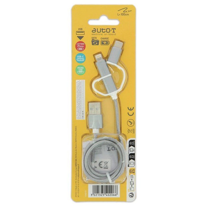 Câble 3 en 1 - AUTO T - 540206 - Micro-USB - Apple - USB-C Câble 3 en 1 - AUTO T - 540206 - Micro-USB - Apple - USB-C