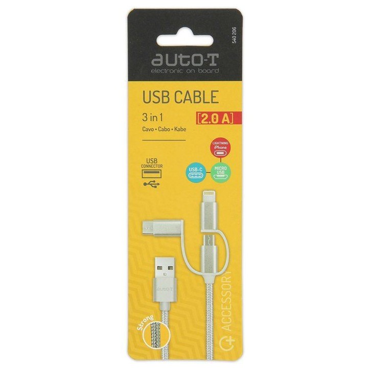 Câble 3 en 1 - AUTO T - 540206 - Micro-USB - Apple - USB-C Câble 3 en 1 - AUTO T - 540206 - Micro-USB - Apple - USB-C