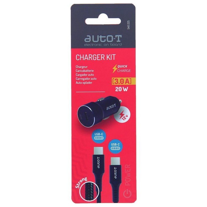 Kit chargeur auto - AUTO T - 540225 - USB-C - 20 W - 5 A Kit chargeur auto - AUTO T - 540225 - USB-C - 20 W - 5 A