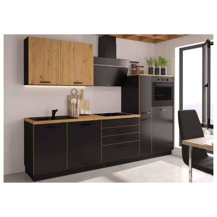 Cuisine complete AYA - Décor noir - L 280 x P 60 x H 214 cm - Plan de travail inclus