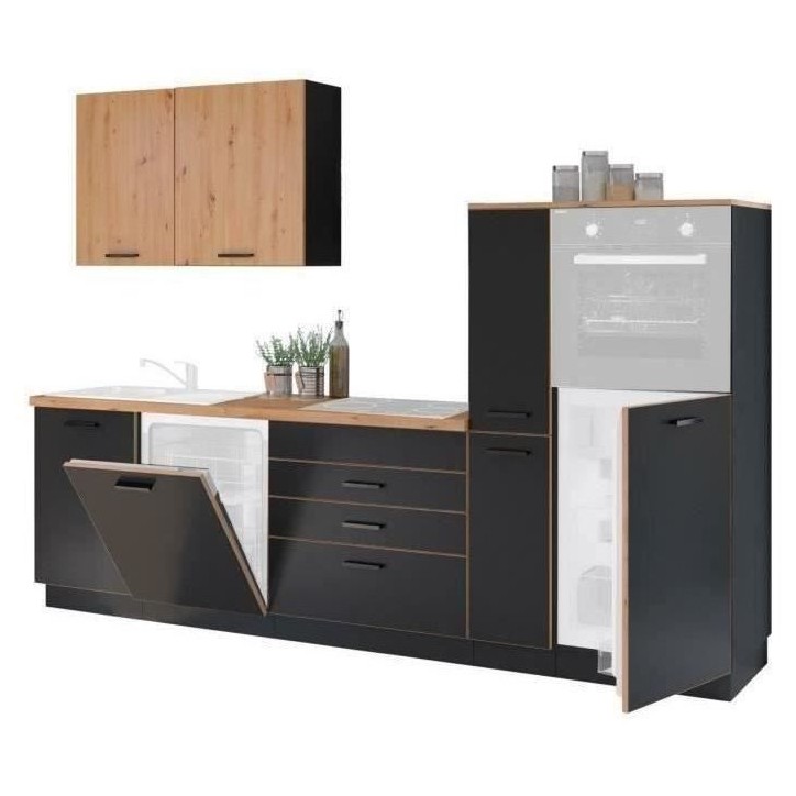Cuisine complete AYA - Décor noir - L 280 x P 60 x H 214 cm - Plan de travail inclus