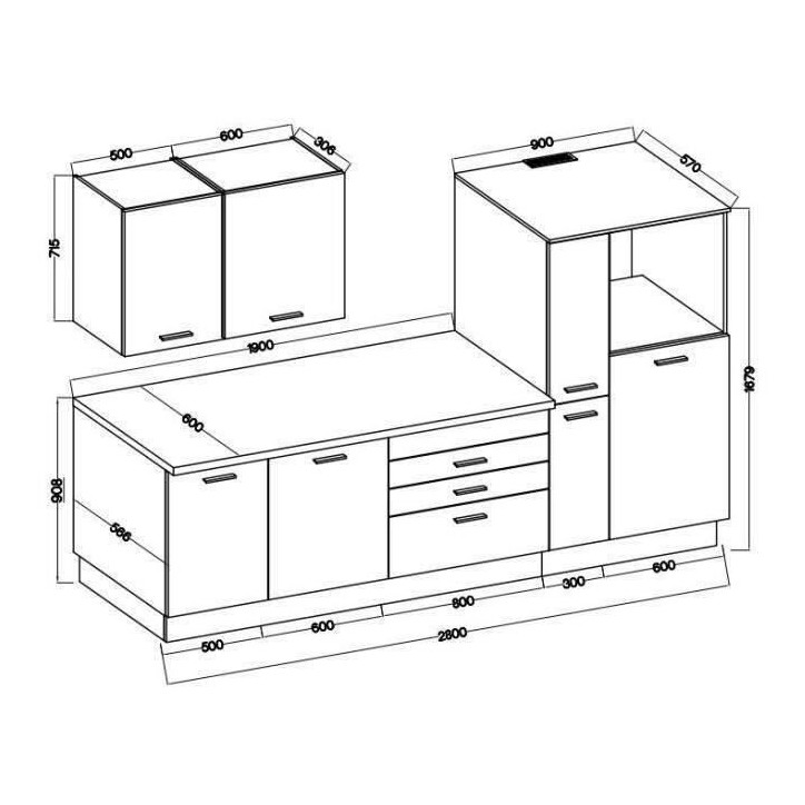Cuisine complete AYA - Décor noir - L 280 x P 60 x H 214 cm - Plan de travail inclus