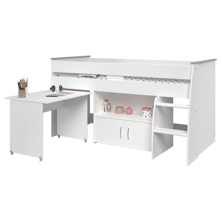 Lit combiné enfant PARISOT ZOLA - Blanc - 90x200 cm - Sommier inclus Lit combiné enfant PARISOT ZOLA - Blanc - 90x200 cm - Sommier inclus