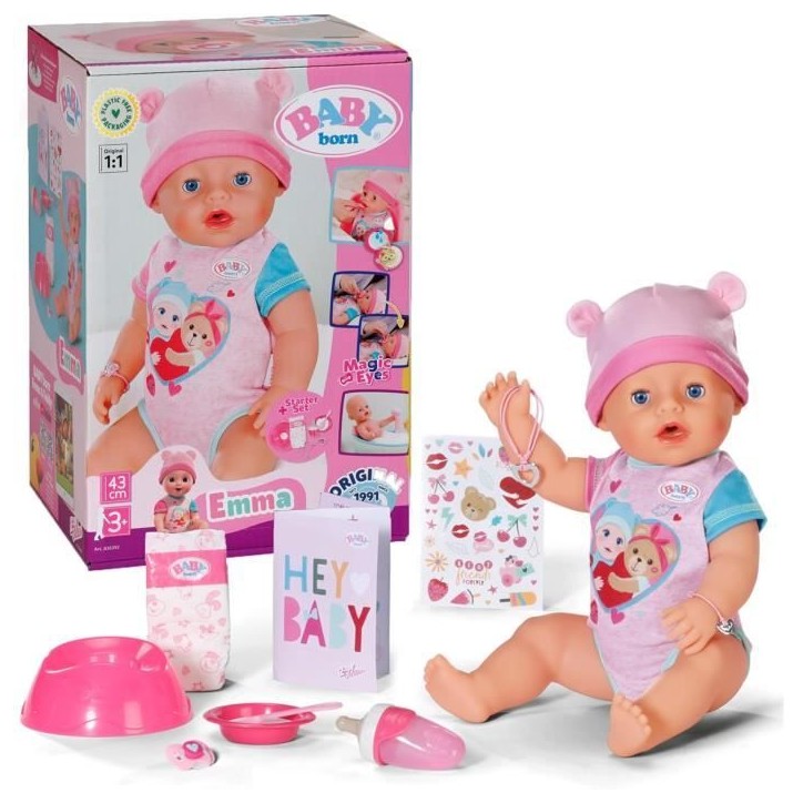 Poupon - BABY BORN - Emma - 10 fonctions - 10 accessoires - Sans piles - 43cm - Des 3 ans Poupon - BABY BORN - Emma - 10 fonctions - 10 accessoires - Sans piles - 43cm - Des 3 ans