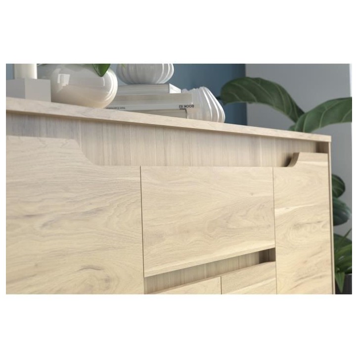 Buffet bas - Panneaux de particules - Décor chene dakota - 4 portes + 1 tiroir - Betty - L 185 x P 46 x H 85,5 cm