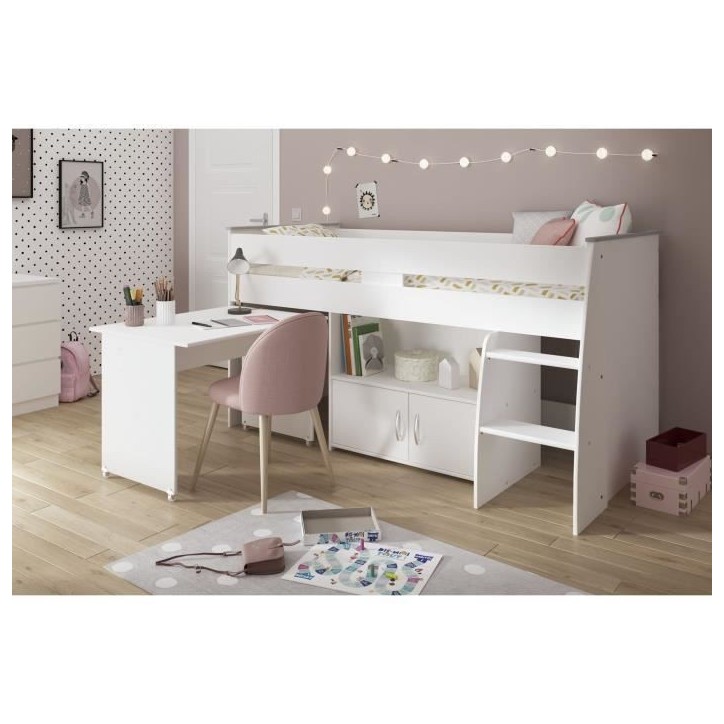 Lit combiné enfant PARISOT ZOLA - Blanc - 90x200 cm - Sommier inclus Lit combiné enfant PARISOT ZOLA - Blanc - 90x200 cm - Sommier inclus