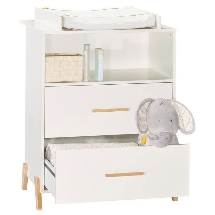 Commode a langer - Babyprice - Joy Naturel - 2 tiroirs - 1 niche - Blanc - Sur pieds en bois naturel Commode a langer - Babyprice - Joy Naturel - 2 tiroirs - 1 niche - Blanc - Sur pieds en bois naturel