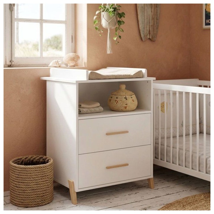 Commode a langer - Babyprice - Joy Naturel - 2 tiroirs - 1 niche - Blanc - Sur pieds en bois naturel Commode a langer - Babyprice - Joy Naturel - 2 tiroirs - 1 niche - Blanc - Sur pieds en bois naturel