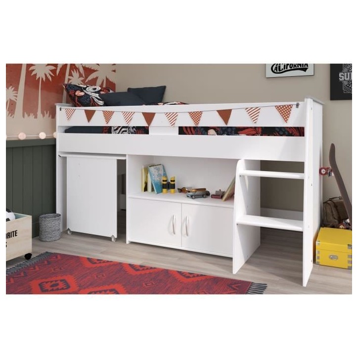 Lit combiné enfant PARISOT ZOLA - Blanc - 90x200 cm - Sommier inclus Lit combiné enfant PARISOT ZOLA - Blanc - 90x200 cm - Sommier inclus