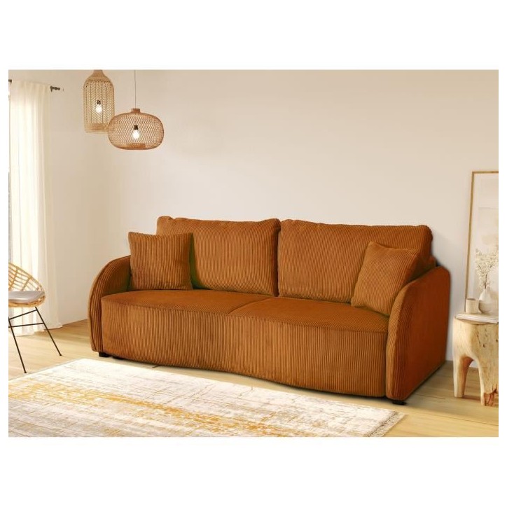Canapé convertible 3 places - BARI - Velours cotelé - Terracotta - Coffre de rangement - 215 x 89 x 100 cm Canapé convertible 3 places - BARI - Velours cotelé - Terracotta - Coffre de rangement - 215 x 89 x 100 cm