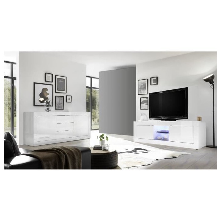 Ensemble séjour - Meuble Tv 180 cm + Buffet 210 cm 2 portes 3 tiroirs - BASICO - Blanc laqué Ensemble séjour - Meuble Tv 180 cm + Buffet 210 cm 2 portes 3 tiroirs - BASICO - Blanc laqué