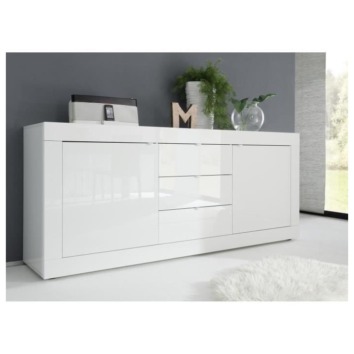 Ensemble séjour - Meuble Tv 180 cm + Buffet 210 cm 2 portes 3 tiroirs - BASICO - Blanc laqué Ensemble séjour - Meuble Tv 180 cm + Buffet 210 cm 2 portes 3 tiroirs - BASICO - Blanc laqué