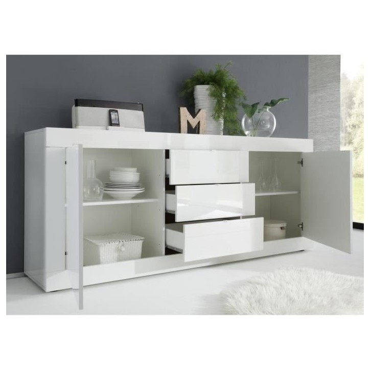 Ensemble séjour - Meuble Tv 180 cm + Buffet 210 cm 2 portes 3 tiroirs - BASICO - Blanc laqué Ensemble séjour - Meuble Tv 180 cm + Buffet 210 cm 2 portes 3 tiroirs - BASICO - Blanc laqué