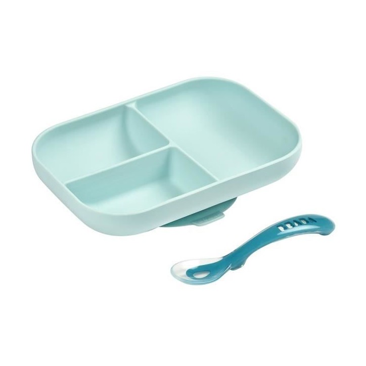 BEABA, Set Repas Bébé, Avec Ventouse, Anti dérapant, Assiette Silicone Compartimentée + Cuillere, Sain et Durable,Bleu