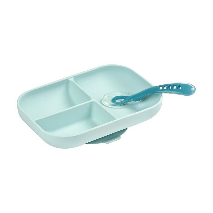 BEABA, Set Repas Bébé, Avec Ventouse, Anti dérapant, Assiette Silicone Compartimentée + Cuillere, Sain et Durable,Bleu