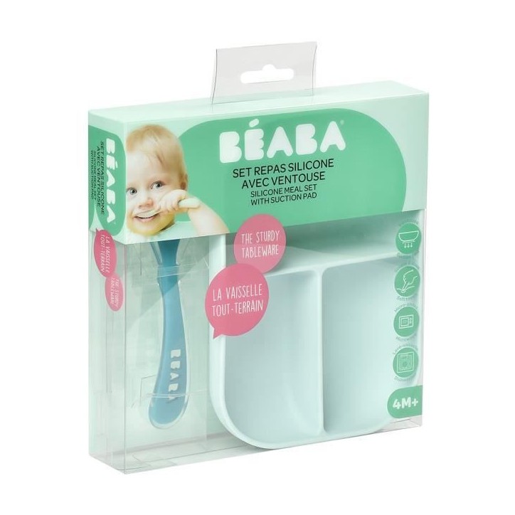 BEABA, Set Repas Bébé, Avec Ventouse, Anti dérapant, Assiette Silicone Compartimentée + Cuillere, Sain et Durable,Bleu