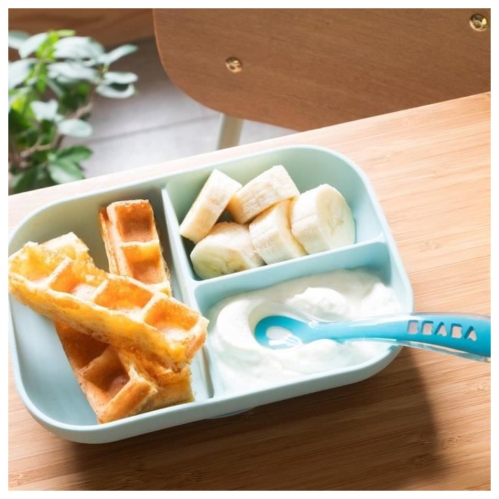 BEABA, Set Repas Bébé, Avec Ventouse, Anti dérapant, Assiette Silicone Compartimentée + Cuillere, Sain et Durable,Bleu