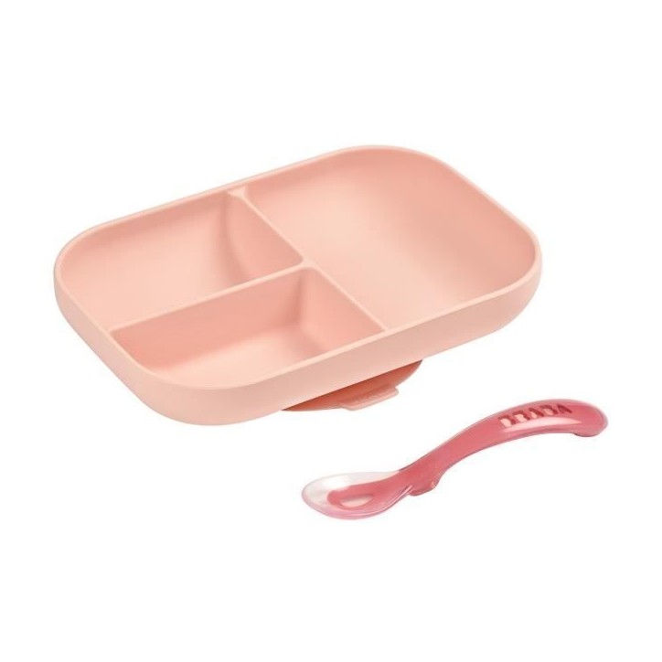 BEABA, Set Repas Bébé, Avec Ventouse, Anti dérapant, Assiette Silicone Compartimentée + Cuillere, Sain et Durable, Rose BEABA, Set Repas Bébé, Avec Ventouse, Anti dérapant, Assiette Silicone Compartimentée + Cuillere, Sain et Durable, Rose