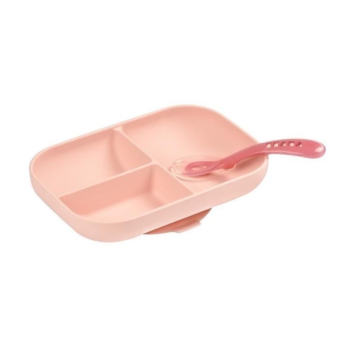 BEABA, Set Repas Bébé, Avec Ventouse, Anti dérapant, Assiette Silicone Compartimentée + Cuillere, Sain et Durable, Rose BEABA, Set Repas Bébé, Avec Ventouse, Anti dérapant, Assiette Silicone Compartimentée + Cuillere, Sain et Durable, Rose