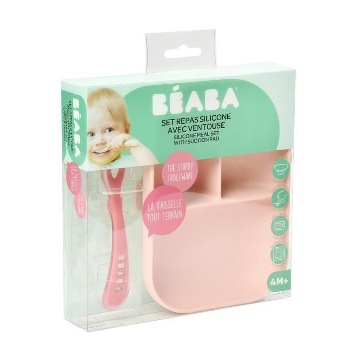 BEABA, Set Repas Bébé, Avec Ventouse, Anti dérapant, Assiette Silicone Compartimentée + Cuillere, Sain et Durable, Rose BEABA, Set Repas Bébé, Avec Ventouse, Anti dérapant, Assiette Silicone Compartimentée + Cuillere, Sain et Durable, Rose