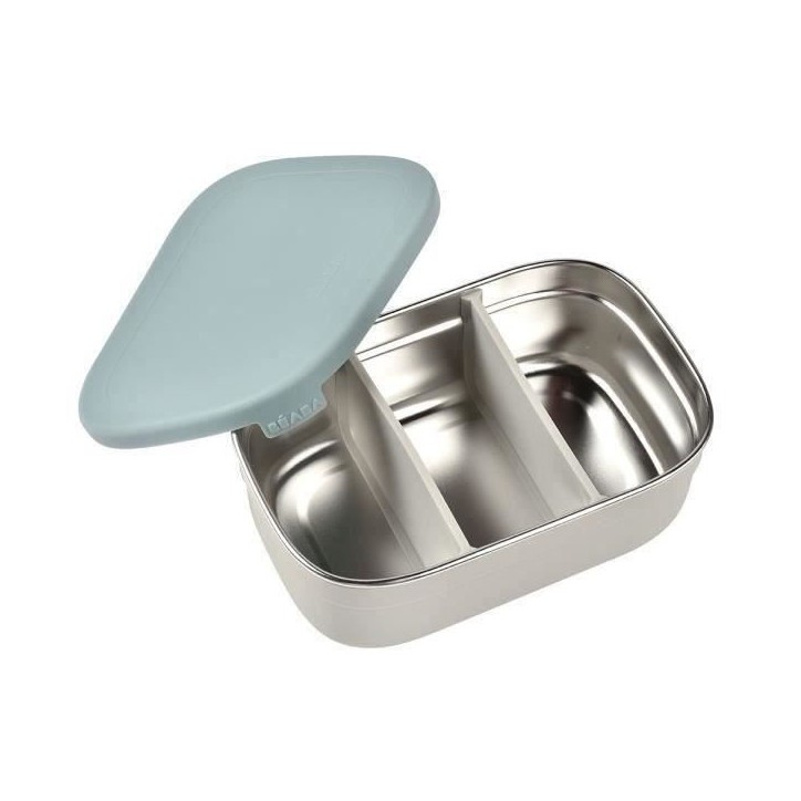 BEABA, Boîte repas enfant en inox, couvercle en silicone et housse de protection, Gris velours et bleu BEABA, Boîte repas enfant en inox, couvercle en silicone et housse de protection, Gris velours et bleu