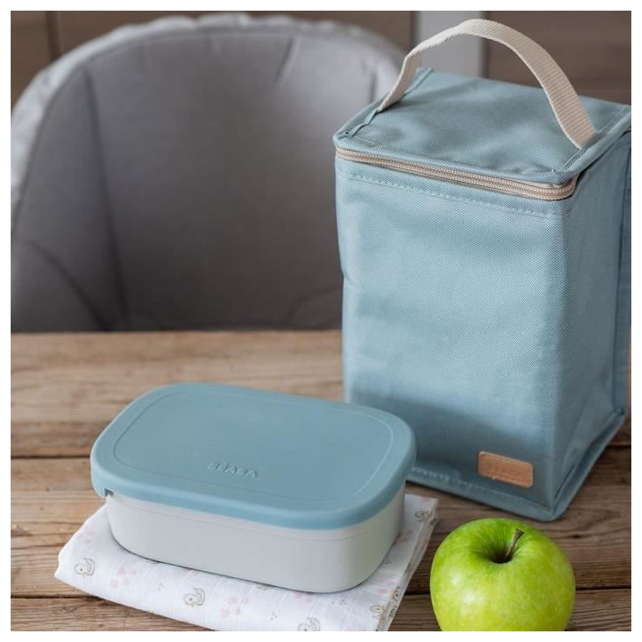 BEABA, Boîte repas enfant en inox, couvercle en silicone et housse de protection, Gris velours et bleu BEABA, Boîte repas enfant en inox, couvercle en silicone et housse de protection, Gris velours et bleu