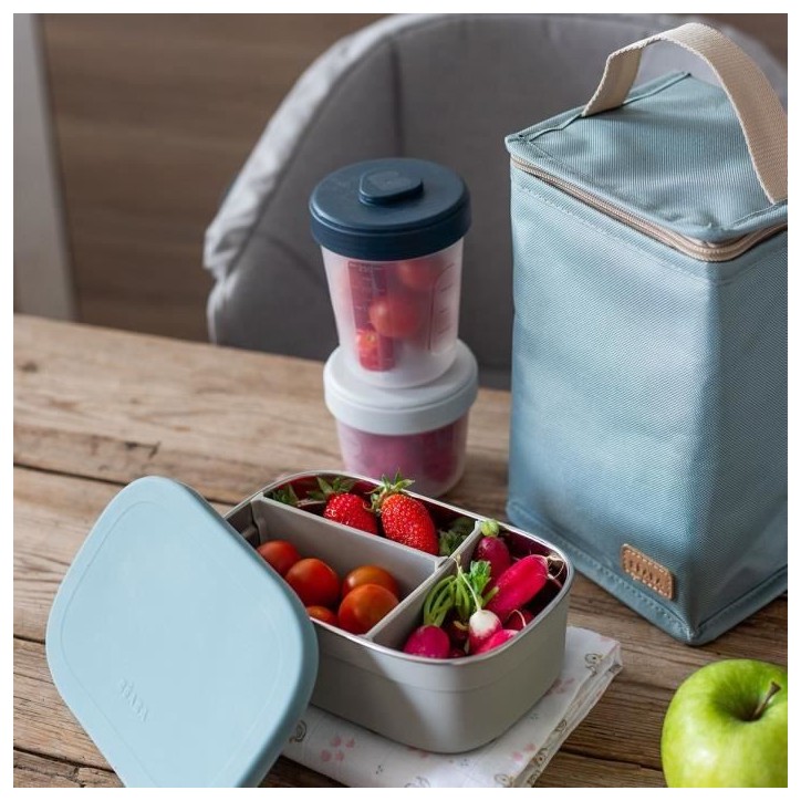 BEABA, Boîte repas enfant en inox, couvercle en silicone et housse de protection, Gris velours et bleu BEABA, Boîte repas enfant en inox, couvercle en silicone et housse de protection, Gris velours et bleu