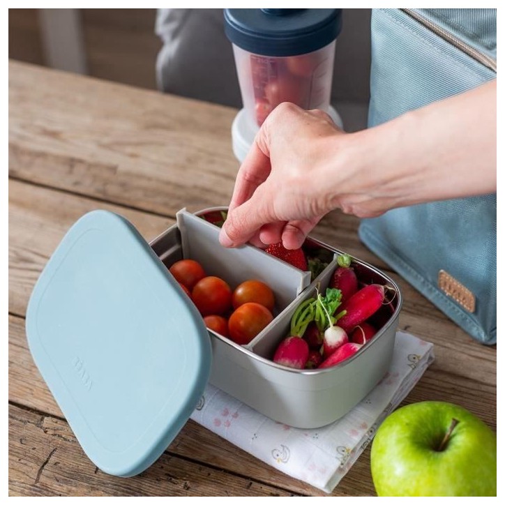 BEABA, Boîte repas enfant en inox, couvercle en silicone et housse de protection, Gris velours et bleu BEABA, Boîte repas enfant en inox, couvercle en silicone et housse de protection, Gris velours et bleu