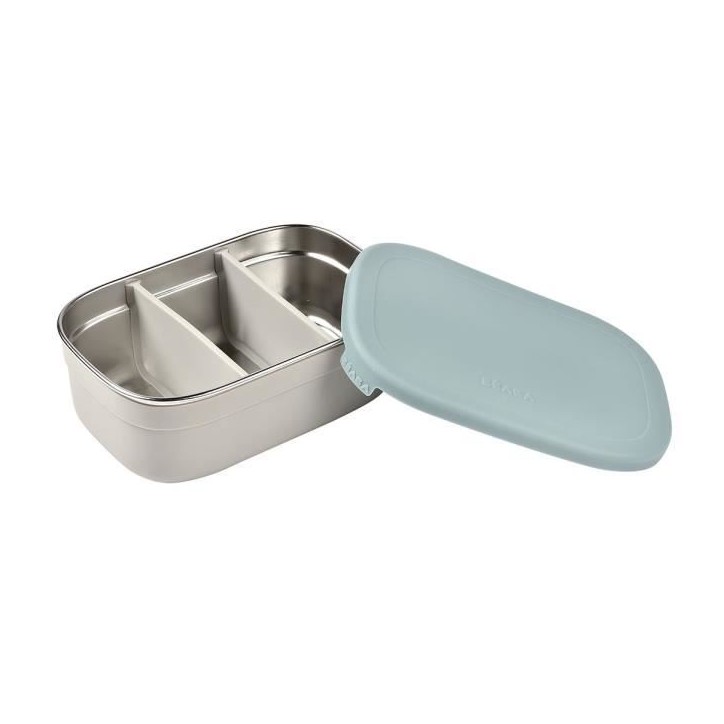 BEABA, Boîte repas enfant en inox, couvercle en silicone et housse de protection, Gris velours et bleu BEABA, Boîte repas enfant en inox, couvercle en silicone et housse de protection, Gris velours et bleu